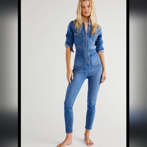 Free People Lennox Zip-Front Denim Jumpsuit XS Excellent Condition - Picture 1 of 16